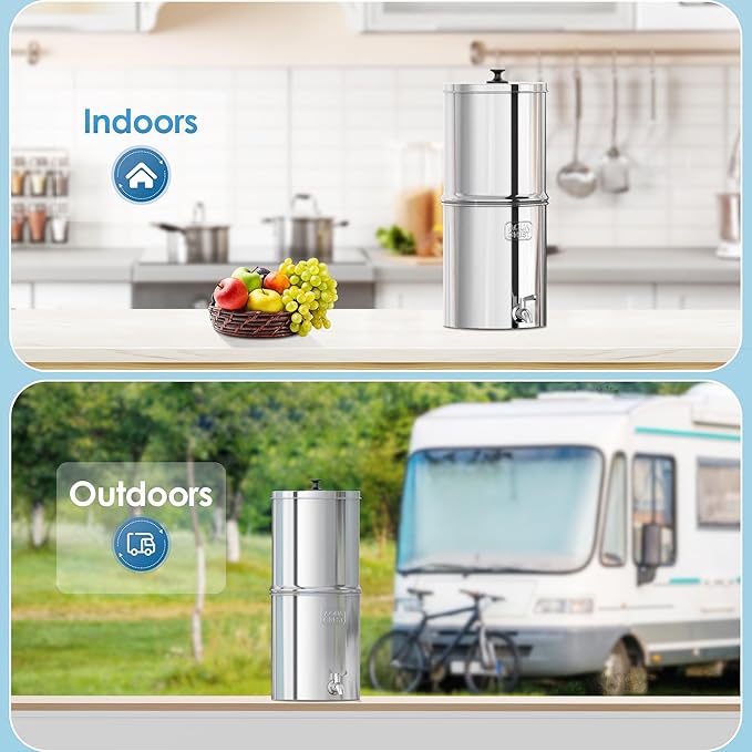 AQUA CREST Gravity Water Filter System, NSF/ANSI 42&372 Certified Black Carbon Filters, Reduce Lead and Up to 99% Chlorine, 2.25G, for Home, Camping, RVing, Off-Grid, Emergencies, AQ-TN-A