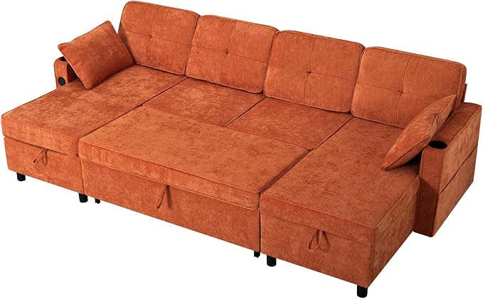 ACMEASE110“ Inches L-Shaped Pull Out Sofa Bed w/Storage Chaise & Adjustable Back, Chenille Sectional Sofa w/USB Port,Tufted Sleeper Couch w/Cup Holders for Living Room, Orange
