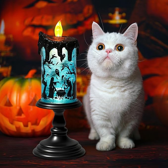 Eldnacele Halloween Snow Globe Flameless Candle with Timer, Battery Operated Spooky Spinning Water Glittering Tornado Lamp LED Candlestick Table Fireplace Witch Decal Halloween Holiday Decoration