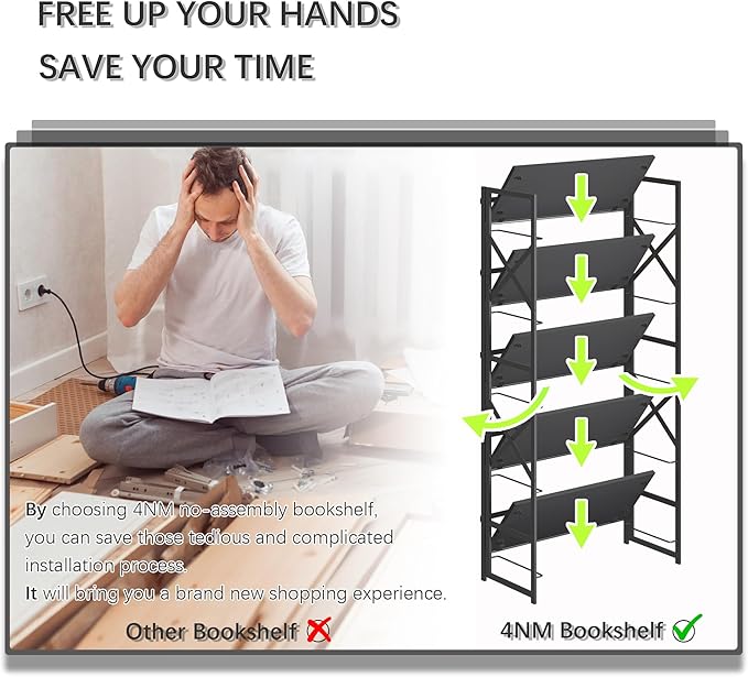 4NM 5 Tiers No Assembly Book Shelves, 51.2" H Folding Bookshelf Bookcase Open Industrial Foldable Shelves for Bedroom, Living Room, Home Office - All Black