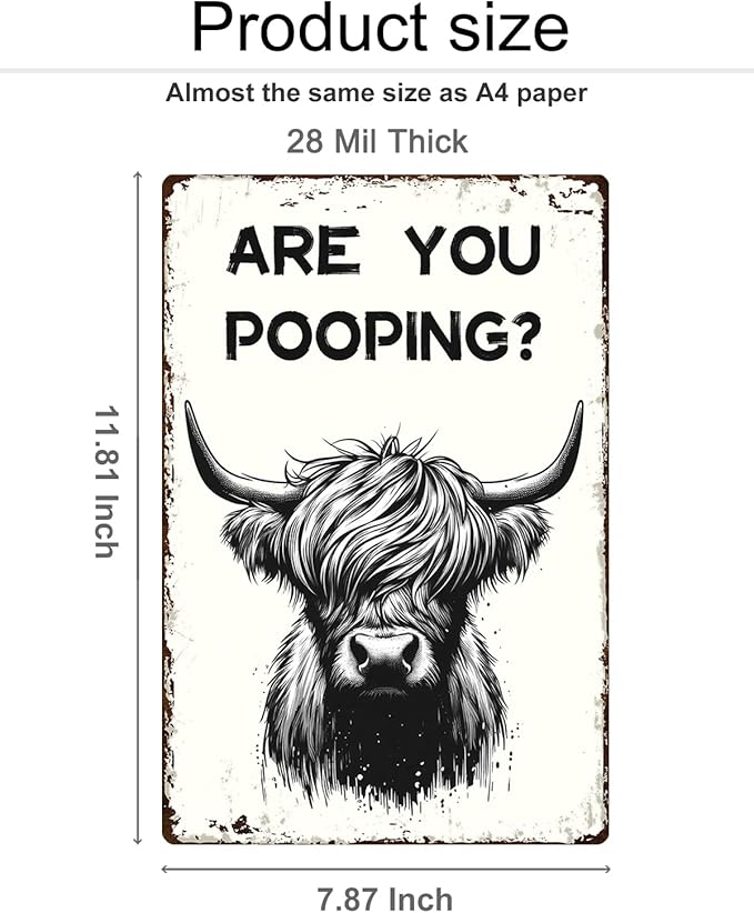 ALKB Funny Highland Cow Are You Pooping Metal Signs Vintage Farmhouse Bathroom Wall Decor Highland Cow Lovers Gift 8 x 12 Inch