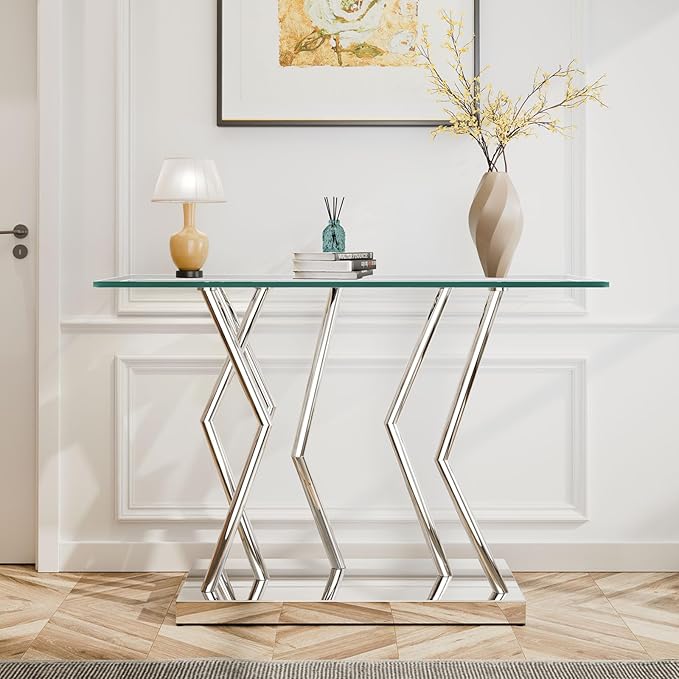 43.3" Glass Modern Console Table, Sturdy Silver Entryway Table with Stainless Steel Base, Rustic Entrance Table, Minimalist Narrow Tables for Living Room & Office