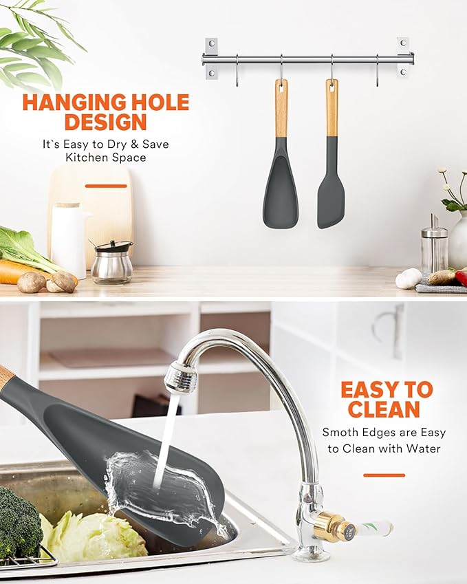 Cooking Spoon and Scraper for Nonstick Cookwares, Great for Cooking and Serving Durable BPA-Free Matte Silicone, Wood Handle Multifunction Spoon for Mixing, Scoop, and Scrape (GREY)