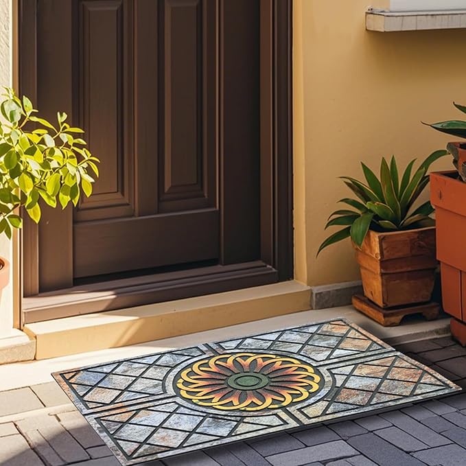Door Mat Welcome Mat, Heavy Duty Door Mat 23.6 x 35.4 Inch Front Door Mat Rug Doormat for Outdoor Entrance Home Non-Slip Rubber Rug for Front Door, Outside, Entryway, Patio (Flower)
