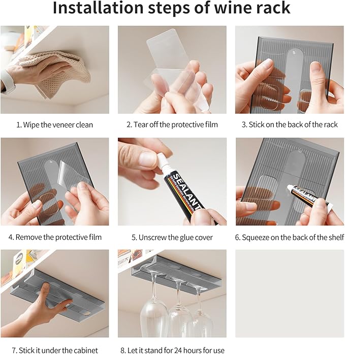 2 Pcs Wine Glass Holder,Stemware Rack Punch-free Hanging Under Cabinet for Bar,Kitchen and Restaurant (Grey)