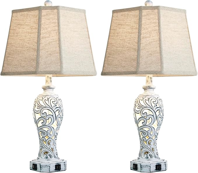 25'' Farmhouse Table Lamps Set of 2 for Living Room Bedroom, 2 USB Ports Rustic Vintage Nightstand Table Lamp with Nightlight, Hollow Out Resin Lamp for End Table (Bulbs Included)