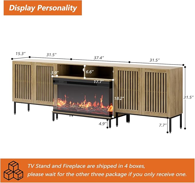 3-Sided Glass Farmhouse Fireplace TV Stand for TVs Up to 100 Inch, Entertainment Center with 36" Electric Fireplace, Oak TV Console with Storage Cabinets for Living Room