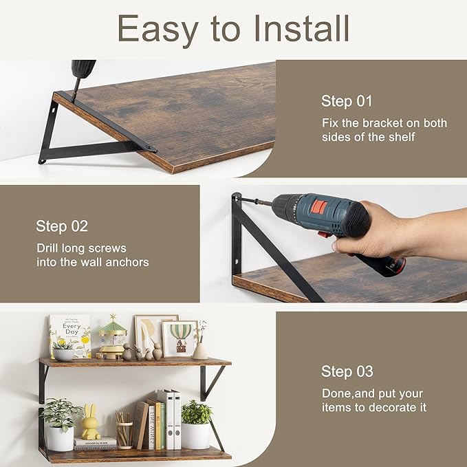 Fun Memories 27.5" W x10 D Floating Shelves, Large Wall Shelves 27.5 Inch Long, Set of 2, Farmhouse Wood Floating Shelf Wall Mounted, Deep Shelves for Bathroom, Living Room, Kitchen, Rustic Brown