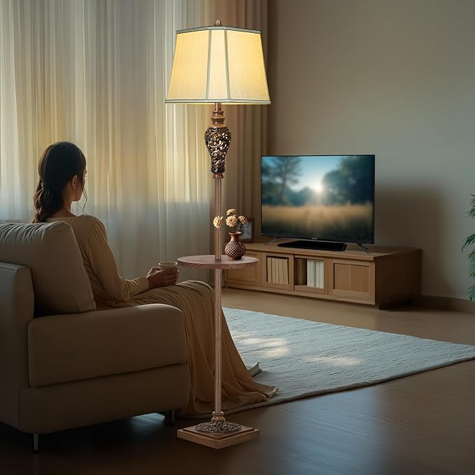 65" High Vintage Floor Lamp with Night Light and Glass Tray, Farmhouse Standing Lamp with Beige Faux Silk Shade, Retro Rustic Tall Lamp Decor for Living Room, Bedroom, Bedside, Corner (Bulb Included)