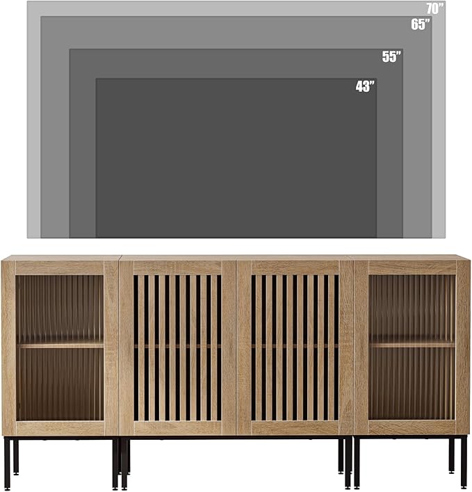 Farmhouse TV Stand for TVs up to 70 Inch, Entertainment Center TV Console with Storage Cabinets and Glass Doors,Media Console for Living Room,Oak