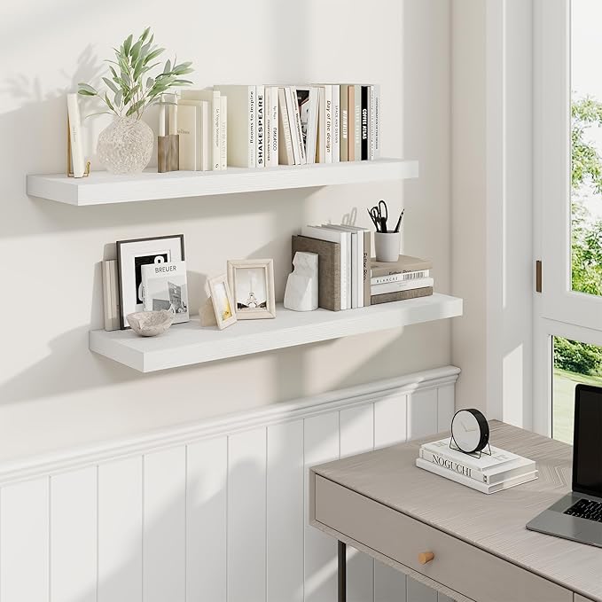 36 Inch Floating Shelves, 9.3 Inch Deep Rustic Wall Shelves - Extra Deeper Wall Mounted Storage Shelves for Bathroom, Kitchen, Living Room (White, Set of 2)