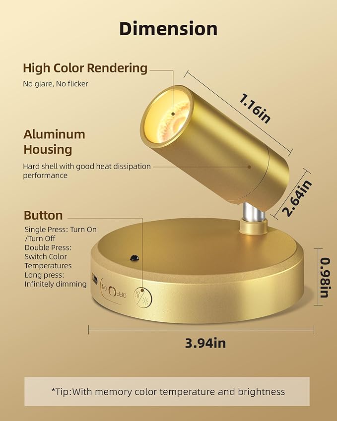 EZVALO LED Spotlight Indoor, 5500mAh Rechargeable Battery Picture Lights, Wireless Mini Art Accent Spot Lights with Remote, Uplighting Indoor for Plants Display Painting Artwork Portrait (1Pack-Gold)