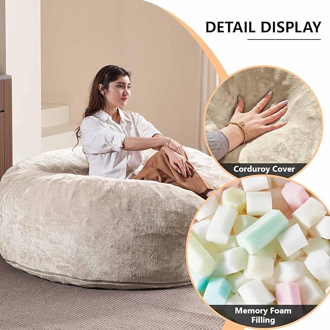 4FT Large Bean Bag Chairs,Big Adult Size Memory Foam Beanbags with Filler Included,Machine Washable corduroy cover,Ultra Soft Plush Gaming Bing Bag Puff Chair for Dorm, Living Room & Bedroom (Apricot)
