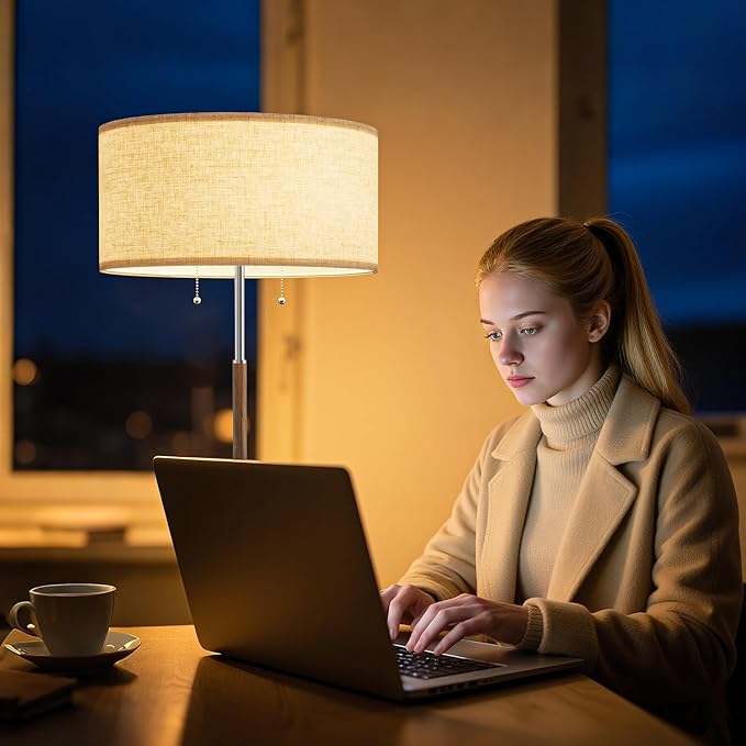 2-Light Floor Lamp, Mid Century Floor Lamp with Beige Lampshade, Standing Lamp Tall Lamp for Living Room Bedroom, 3 Color Temperatures 9W Bulb Include