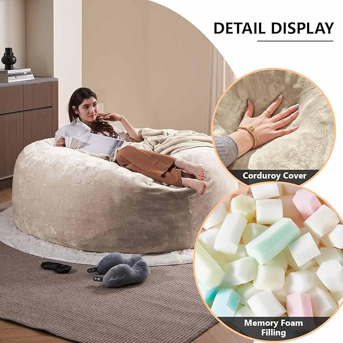 6FT,Oversized Bean Bag Chairs for Adults,Giant beanbag with Filler Included,Fluffy Memory Foam,Soft and Comfy Corduroy Fabric,Gaming Chairs Suitable for Living Room and Bedroom (Apricot, 6 Foot)