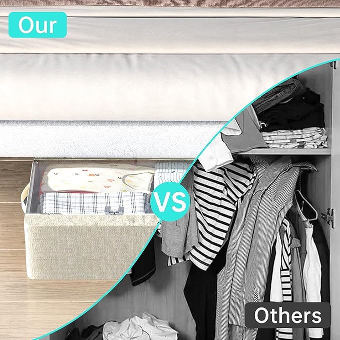 3PCS Under Bed Storage Bins with Metal Frame, Linen Fabric Frame Storage Box Clothes Organizer Bins, Underbed Container with Clear Window (Beige, 15.7 x 13 x 6IN)