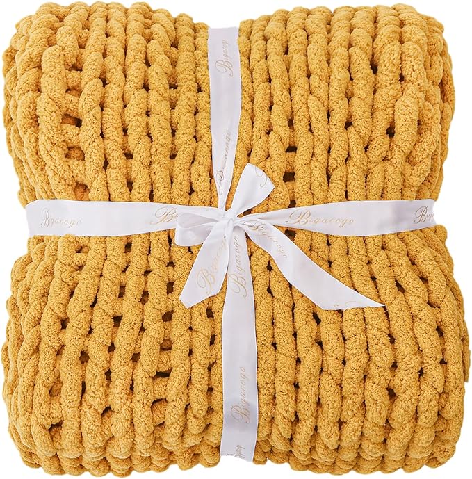 Bigacogo Chunky Knit Throw Blanket for Couch, 40x60 inches, 100% Hand Knitted with Thick Jumbo Chenille Yarn, Cozy Soft Large Rope Knot Cable Crochet Blankets for Sofa Bed Living Room, Mustard Yellow