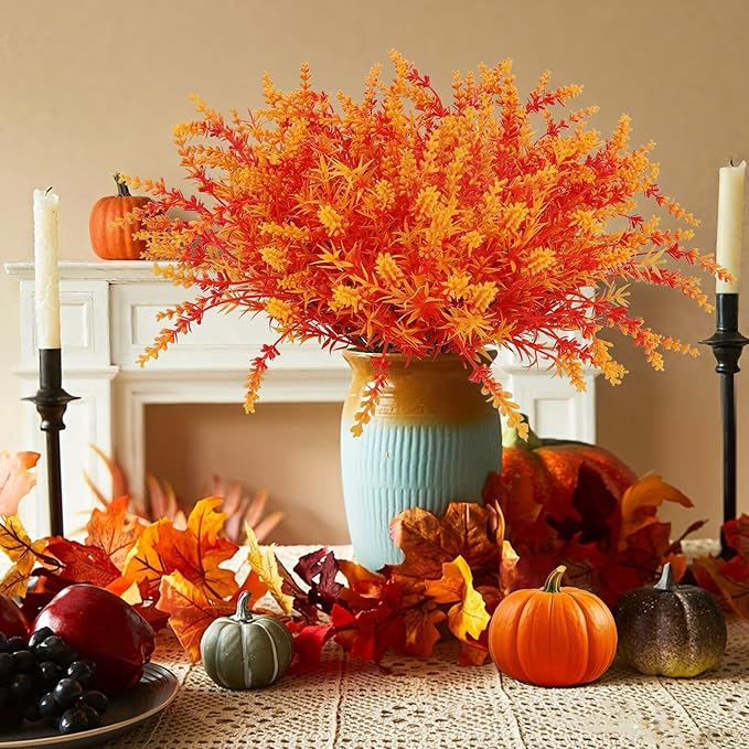 Geegoods 16 Bundles Artificial Fall Flowers Outdoor – Faux Lavender Flowers with Monkey Grass UV Resistant Plastic Faux Plants for Halloween Front Door Porch Patio Yard Balcony Decor, Orange Color