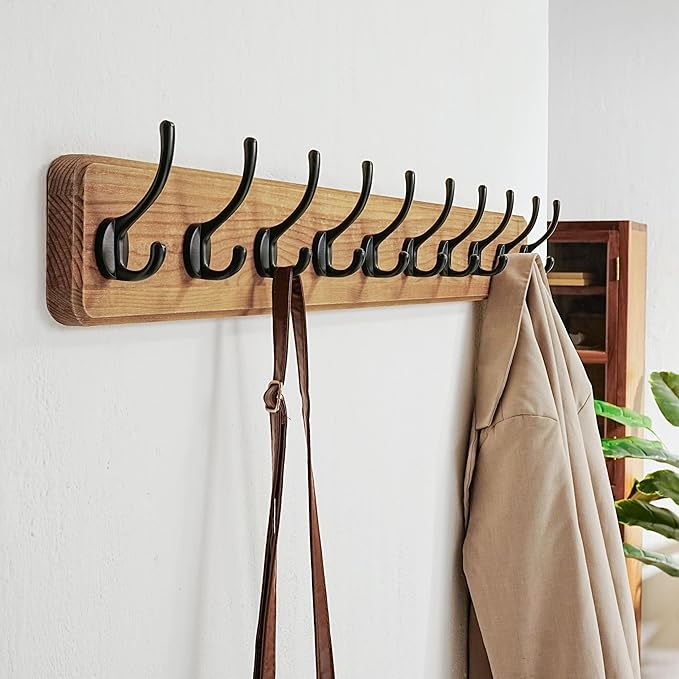 Dseap Coat Rack Wall: 38-1/4" Long, Patented, Heavy-Duty, 10-Double-Hooks Wooden Wall Mounted Coat Rack Coat Hanger Hook Rail for Winter Coats Hat Jacket Clothing, Weathered Brown