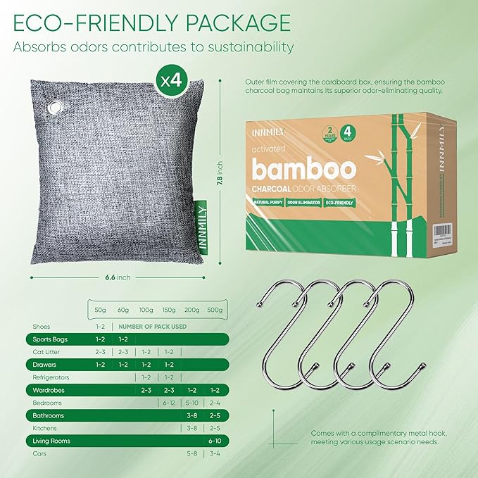 Activated Charcoal Odor Absorber, Odor Eliminator for Strong Odor,Bamboo Charcoal Air Purifying Bags for Home Car Closet Pet, Smoke Room Deodorizer (4 x 500g Large, Unscented)