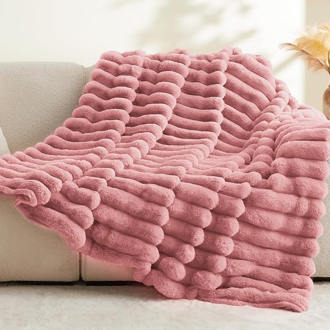 BEDELITE Faux Fur Throw Blanket for Couch, Soft and Cozy Luxurious 3D Striped Fluffy Blanket, 770GSM Thick Warm Plush Fuzzy Faux Rabbit Fur Blanket for Women Gift (Pink, 60"x 80")