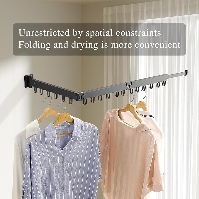 Clothes Drying Rack Wall Mounted, Laundry Drying Rack Collapsible, Space Saving Wall Drying Rack Clothing Foldable, Tri-Fold Retractable Rack Outdoor Indoor with 18 Hooks(Black,Loop-Shape Hooks)