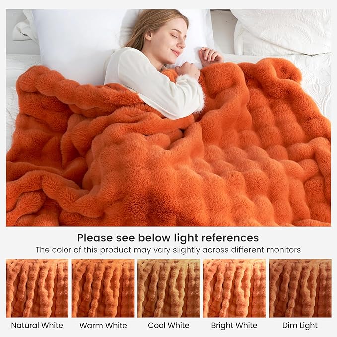 Cozy Bliss Faux Fur Throw Blanket for Couch, Fuzzy Soft Plush Thick Bubble Blanket for Sofa Bedroom Living Room, 50 * 60 Inches Burnt Orange
