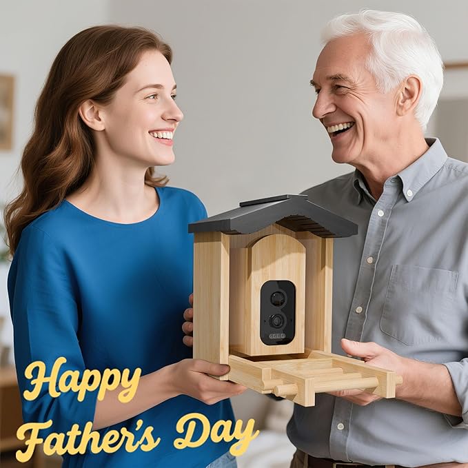 Bird Feeder with Camera, Smart Bird Feeder for Outdoors, Wild Birds Feeders with Solar Panel Bamboo Birds House Camera for Birdlovers, AI Auto Capture Birds & Real-time Notification (Gable)