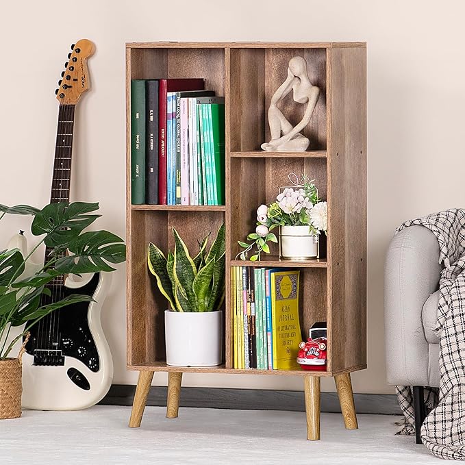 5 Cube Small Bookshelf,3 Tier Mid-Century Modern Bookcase with Legs,Wood Kids Bookshelves Storage Organizer Shelf,Free Standing Narrow Book Shelves,Oak Grey Corner Bookcases for Bedroom,Living Room