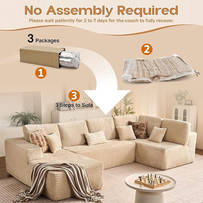 Cloud Sectional Couches for Living Room,U Shaped Modular Sofas No Assembly,133x68 Inches Plush Corduroy Oversized Floor Couch Set with Deep Seat Chaise,Beige