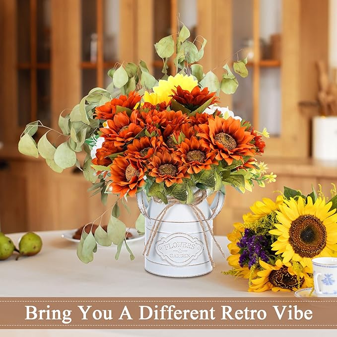 6 Inch Farmhouse Vase Decor Milk Can Vintage Flower Jug Galvanized Metal Vase with Handle Rustic Flower Buckets for Thanksgiving Christmas Table Centerpiece Weddings Gifts(Retro White,2 Pcs)