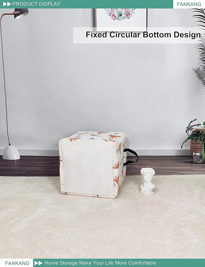 FANKANG Square Nursery Hamper Storage Bins Canvas Laundry Basket Foldable with Waterproof PE Coating Storage Baskets Gift Baskets for Children, Office, Bedroom, Clothes(Square-Fox)