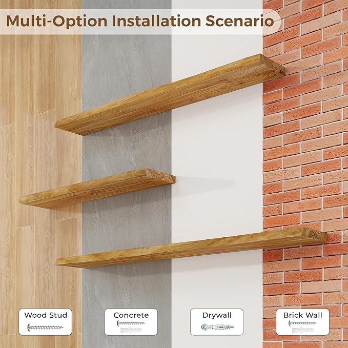 Axeman 48 inch Floating Shelves for Wall - 8'' D Live Edge Rustic Solid Elm Wood Floating Shelves Wall Mounted, Hanging Shelves with Invisible Bracket for Living Room Bedroom Kitchen, Natural