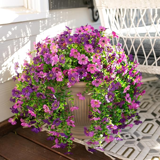 Artificial Faux Hanging Flowers Plants for Spring Outdoor Outside Decoration, 2 PCS Fake Silk Daisy with Eucalyptus UV Resistant Realistic Trailing Vines for Balcony Patio Porch (Darkpurple+Purple)