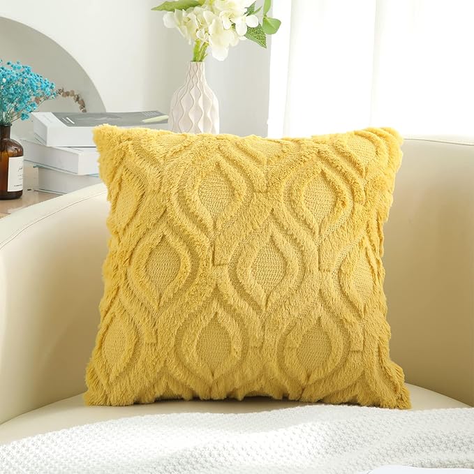decorUhome Throw Pillow Covers 26x26 Inch Set of 2, Soft Plush Decorative Faux Fur Mustard Yellow Solid Couch Pillow Covers, Accent Farmhouse Neutral Square Euro Pillow Cases for Sofa Bed Living Room