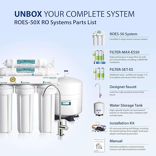 APEC Water Systems ROES-50 Essence Series Top Tier 5-Stage WQA Certified Ultra Safe Reverse Osmosis Drinking Water Filter System with Extra High Capacity Pre-Filter Set Stage 1-3