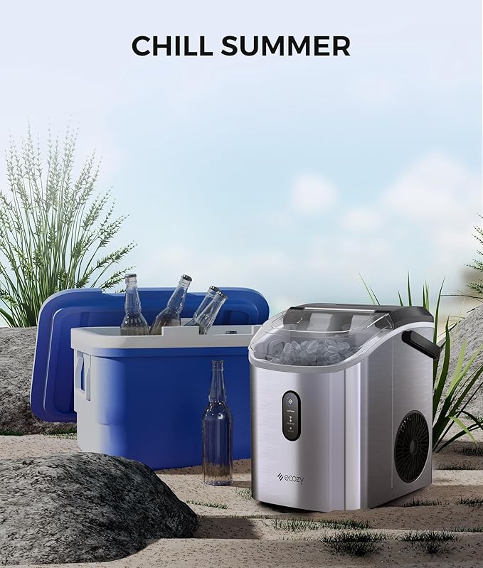 ecozy Smart Nugget Ice Maker Countertop, Portable Pebble Ice Machine with Voice Control, 34lbs/24H Soft Chewable Ice, Self-Cleaning Pellet Ice Maker with APP WiFi for Kitchen Party, Stainless Steel