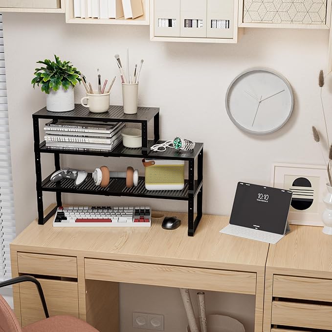 Expandable,Adjustable & Stackable Spice Rack, Cabinet Kitchen Countertop Shelf Organizer,Metal Pantry Storage Shelves - Space-Saving Storage Solution(1Pack/Black/Large)