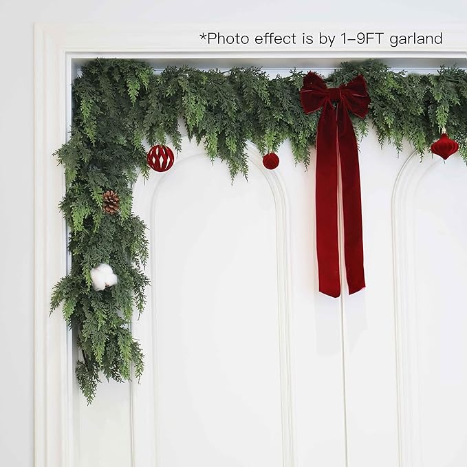 2Pcs 9FT Christmas Cedar Garland Artificial Real Touch Thickness Realistic Greenery Pine Garland for Mantle Fireplace Outdoor Indoor Christmas Decorations