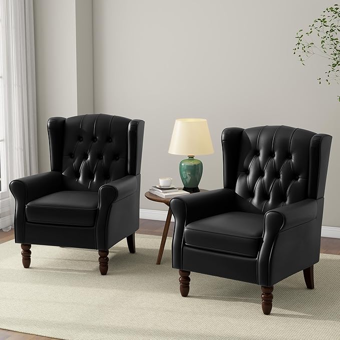 Accent Chair, Upholstered Armchair with Button Tufted High Back & Solid Wood Legs, Comfy Wingback Reading Single Sofa Chair for Small Spaces, Living Room, Bedroom (Leather Black, Set of 2)