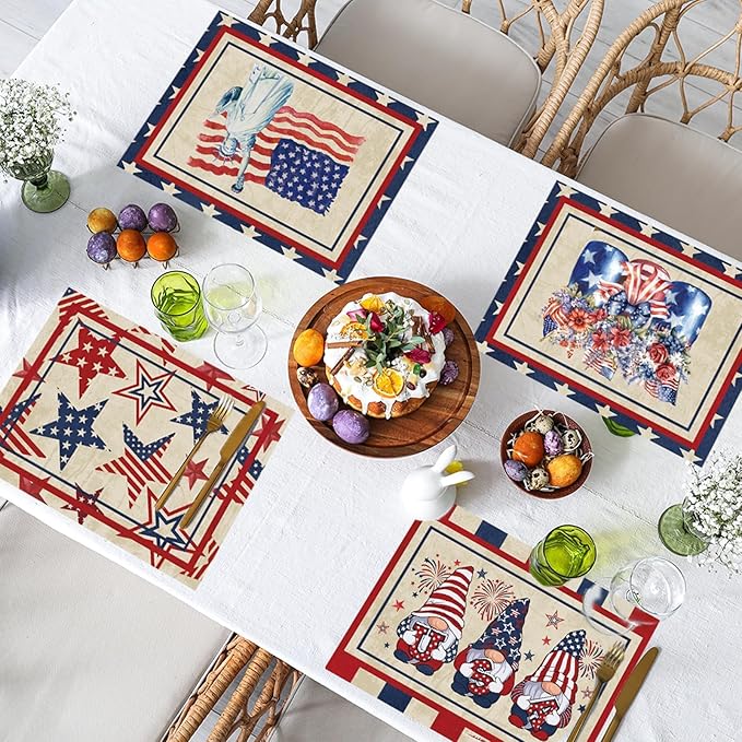 4th of July Placemats Set of 6 Patriotic Plastic Table Mats Independence Memorial Day Vintage America Flag Stars Stripe Place Mats Vinyl Table Decoration for Indoor Outdoor Party Kitchen Dining