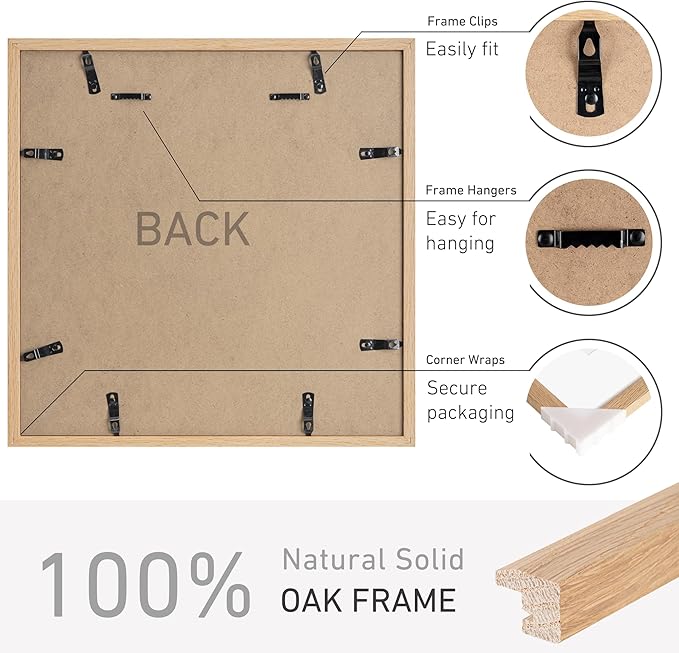 16x16 Picture Frame Set of 4 Natural Solid Oak Photo Frames with 12x12 Removable Mat Wall Hanging Large Handcrafted Frame with HD Plexiglass Wall and Tabletop Display Large Poster Frame