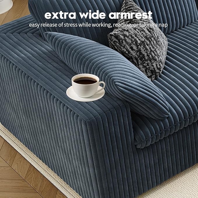 118" Cloud Couch Oversized Modular Sectional Sofa for Living Room,Modern Sofa with Deep Seat,V Shaped Boneless Couch,Comfy Upholstered Corduroy Couches for Apartment, Studio, Office,Bedroom,Blue