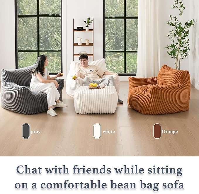 Giant Plush Bean Bag Chair for Adults with Armrests - Oversized Comfy Light Grey Beanbag Lounge Lazy Floor Sofa Accent Chair for Living Room, Bedroom & Dorm, Cozy Fluffy Single Cloud Mini Couch
