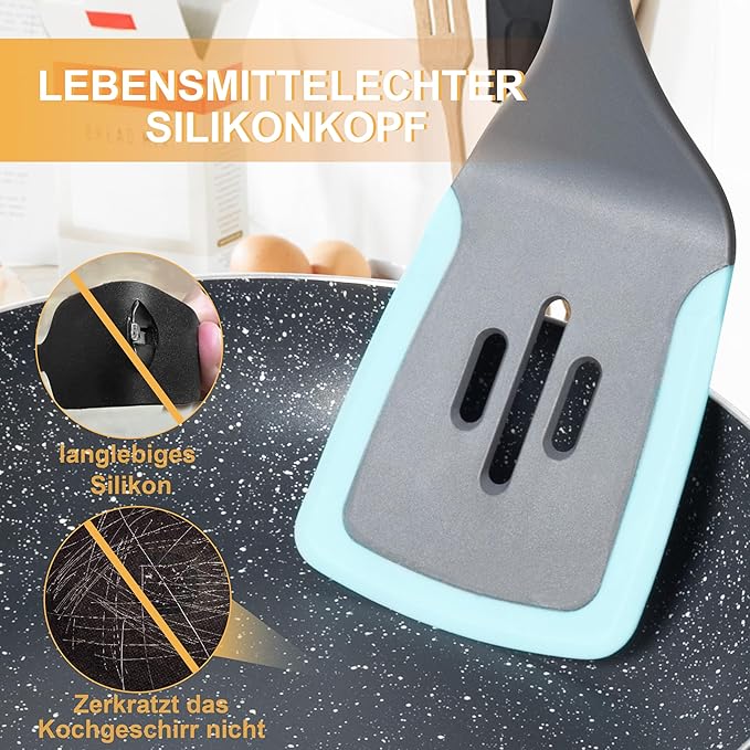 6-Piece Silicone Kitchen Utensil Set with Rotating Stand, Non-Stick, Heat-Resistant (400°F), Nylon Handle, Cooking Spatula Set for Baking & Cooking, Light Blue