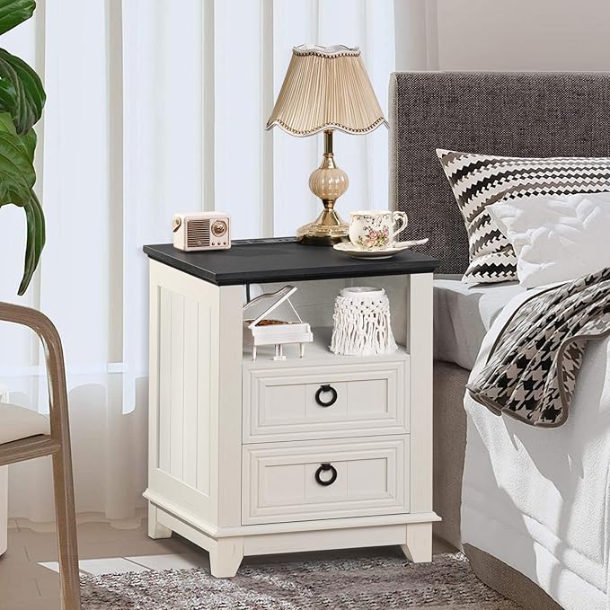 18" Farmhouse Night Stands Set of 2 with Charging Station, 2 Drawers End Table Dresser for Bedroom, Wooden Nightstand, Bed Side Table with Open Shelf, Bedside Cabinet for Living Room(White)