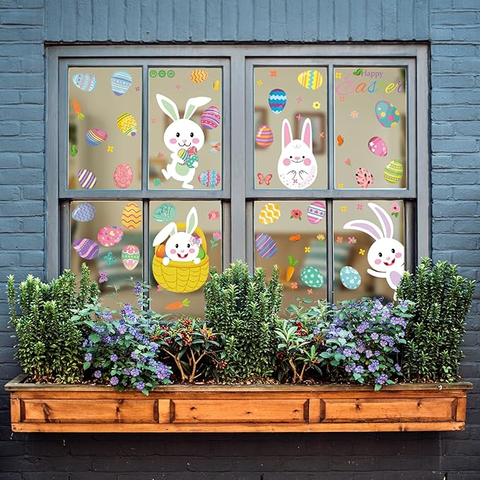 DC-BEAUTIFUL 184 PCS Easter Window Clings, 9 Sheets Double Sided Bunny Egg Easter Decoration Window Stickers, Reusable Static Holiday Window Decals for Home Office School Shop Spring Party Decors