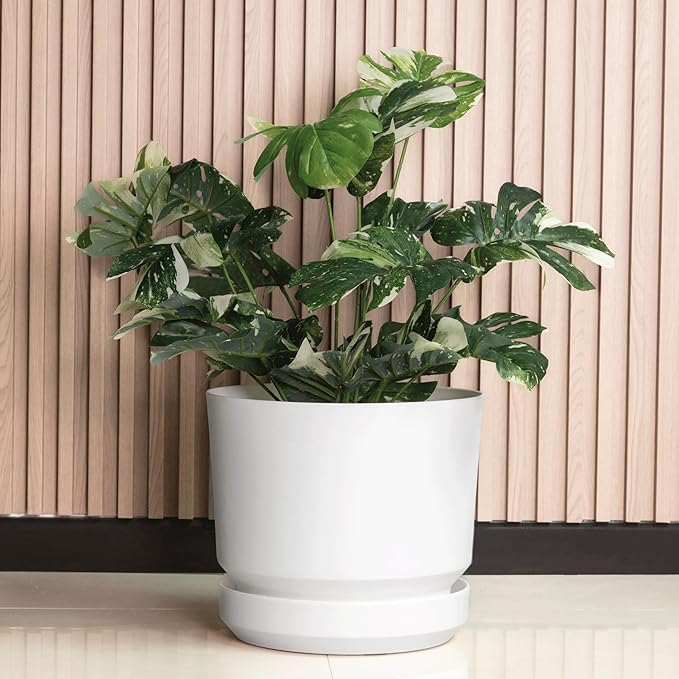 Elly Décor 12 inch Plastic Cylinder Planter Pot with Self-Watering Saucer and Drainage Hole,Lightweight & Extremely Durable, 12"x 12", White