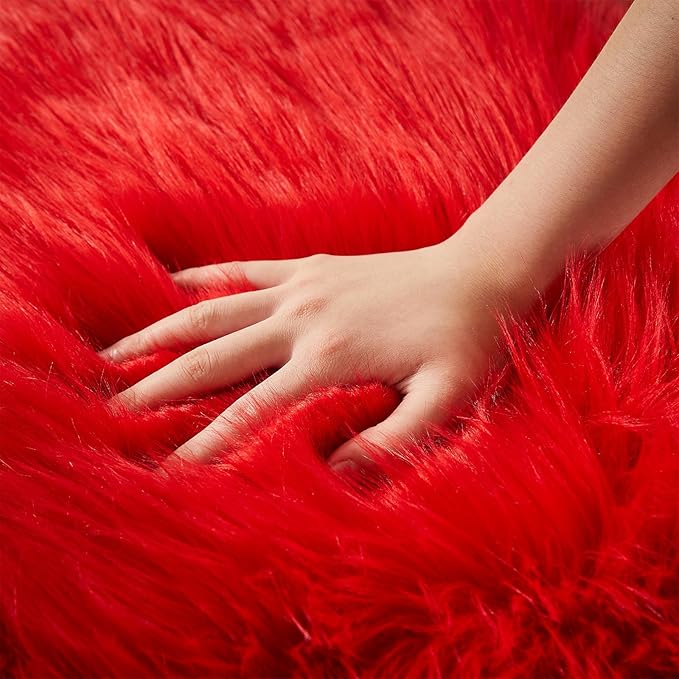 AMTOVO Faux Fur Rug, Red Area Rug, Fluffy Sheepskin Rug, Fuzzy Ultra Soft 2 x 4 ft Shag Rugs for Bedroom Sofa Throw Cushion Room Decor, Sheepskin