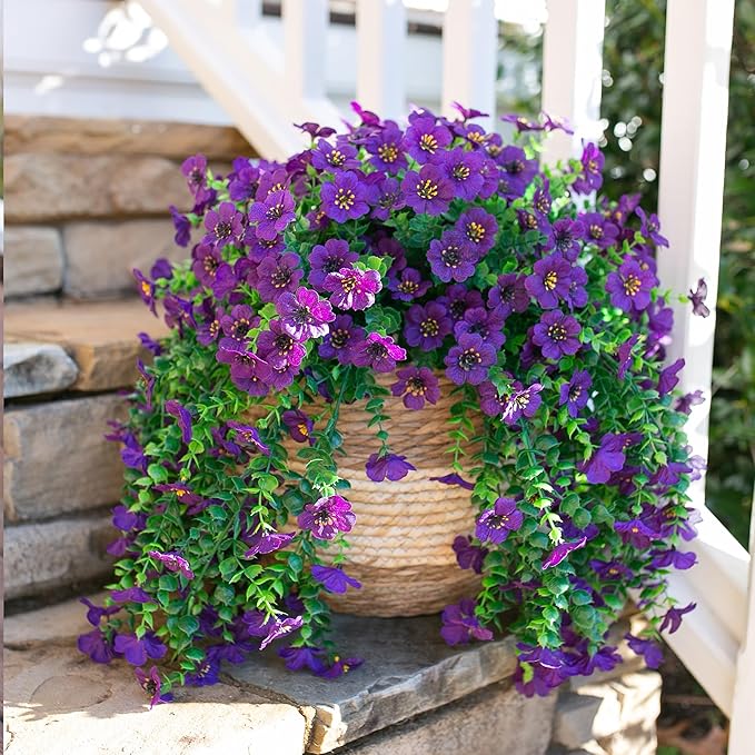 Artificial Faux Hanging Flowers Plants for Spring Outdoor Outside Decoration, 2 PCS Fake Silk Daisy with Eucalyptus UV Resistant Realistic Trailing Vines for Balcony Patio Porch (Dark Purple)